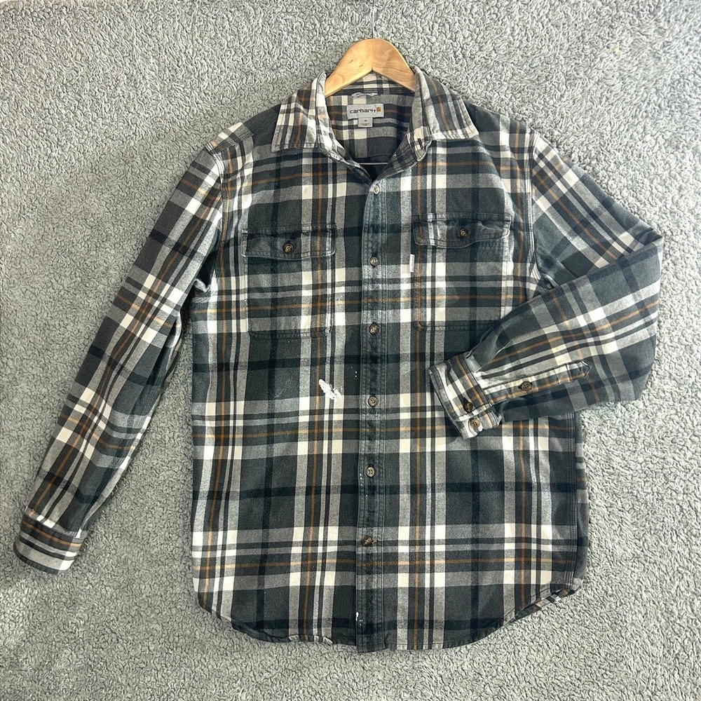 Carhartt Men's M Plaid Flannel Shirt Grey Orange Distressed Workwear Rugged
